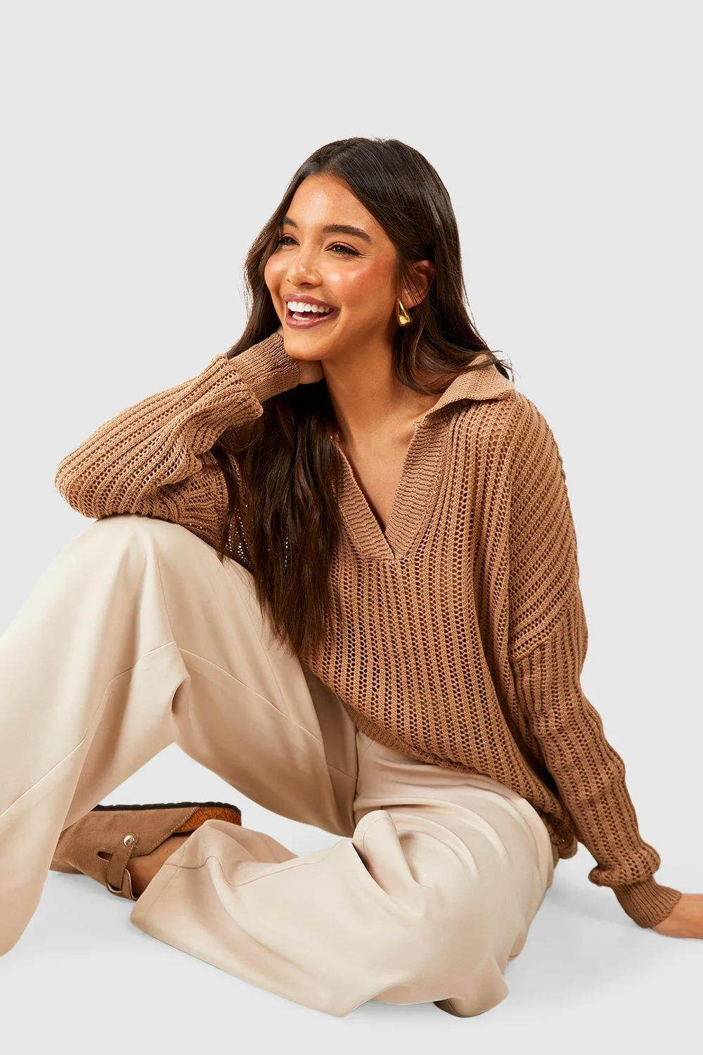 Jumpers & Cardigans | Oversized Crochet Jumper With Polo Collar | boohoo