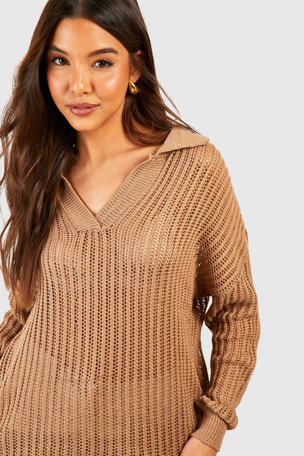 Jumpers & Cardigans | Oversized Crochet Jumper With Polo Collar | boohoo