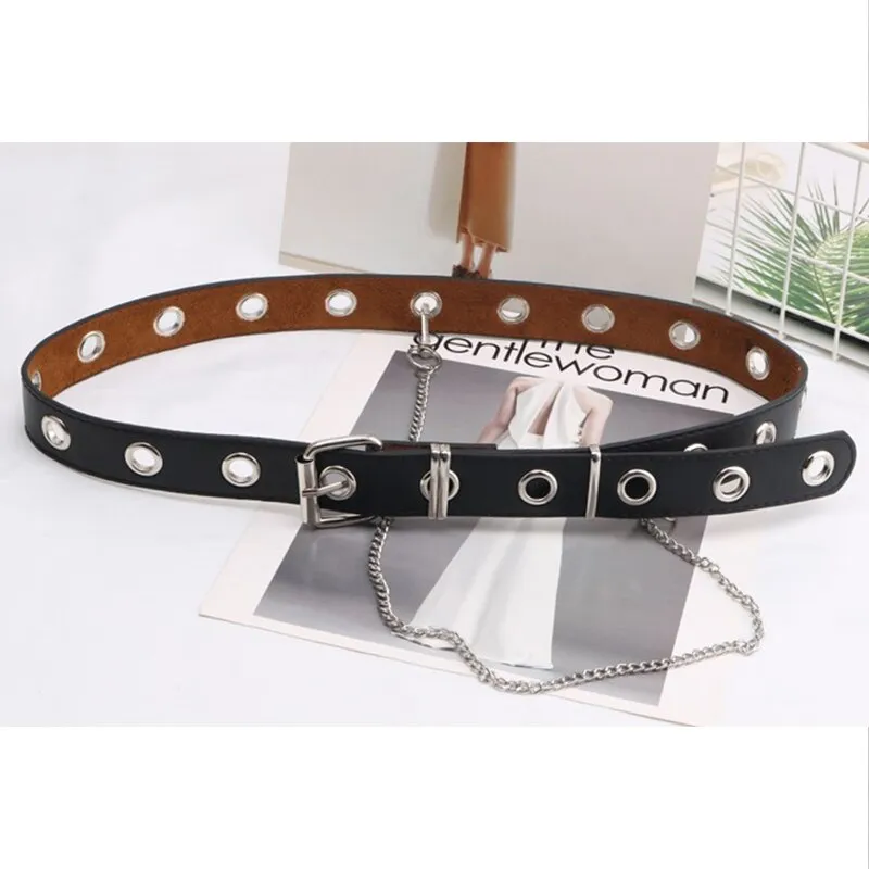 Leather Belts Women Black Fashion Gothic Metal Chain High Waist Belts