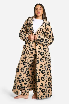 Leopard Fleece Borg Hooded Dressing Gown