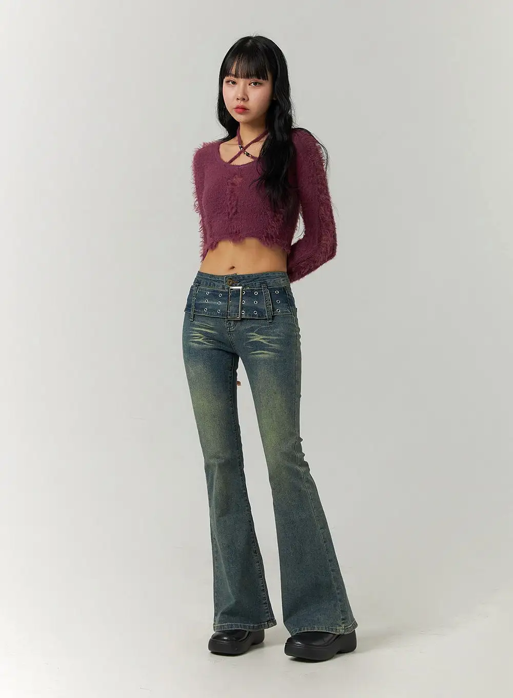 Low Waist Buckle Flared Denim Jeans CJ419