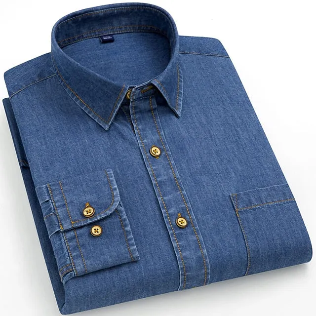 Men's Fashion Single Chest Pocket 100% Cotton Western Denim Shirt