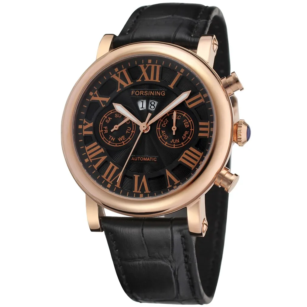 Men's Genuine Leather Luxury Roman Numeral Automatic Mechanical Watch