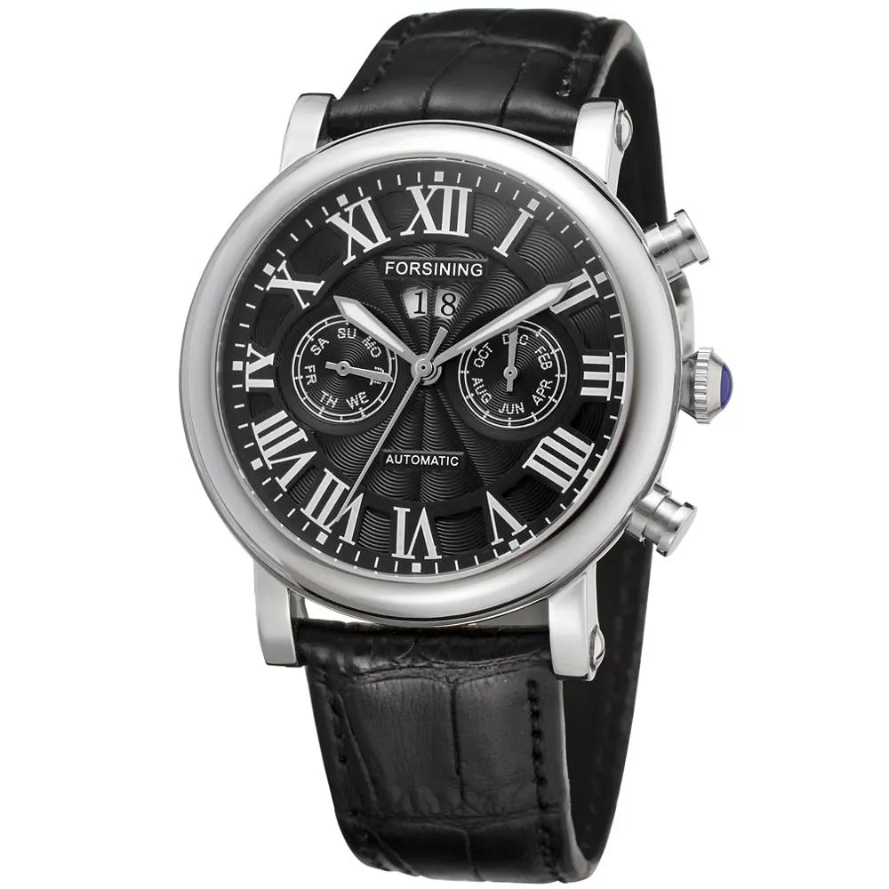 Men's Genuine Leather Luxury Roman Numeral Automatic Mechanical Watch