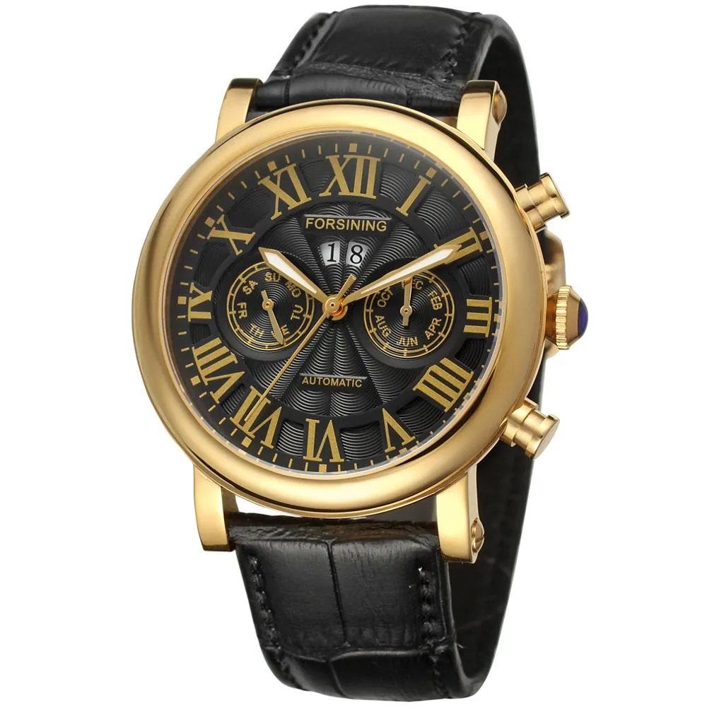 Men's Genuine Leather Luxury Roman Numeral Automatic Mechanical Watch