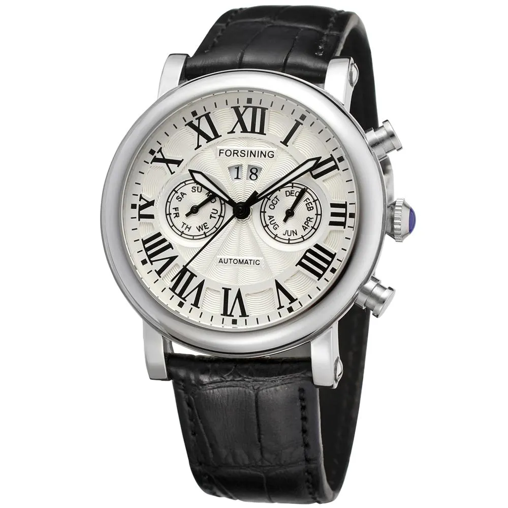 Men's Genuine Leather Luxury Roman Numeral Automatic Mechanical Watch