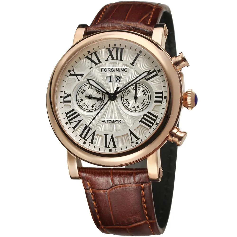 Men's Genuine Leather Luxury Roman Numeral Automatic Mechanical Watch