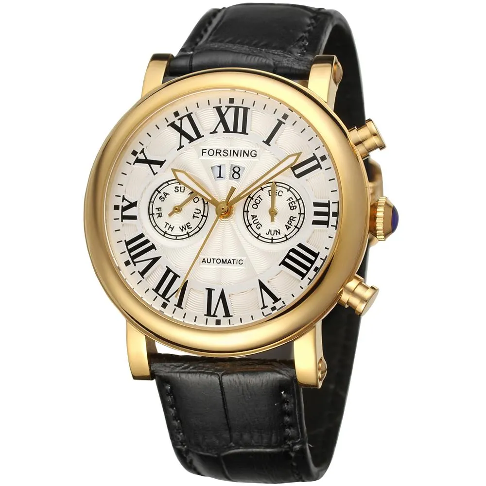 Men's Genuine Leather Luxury Roman Numeral Automatic Mechanical Watch