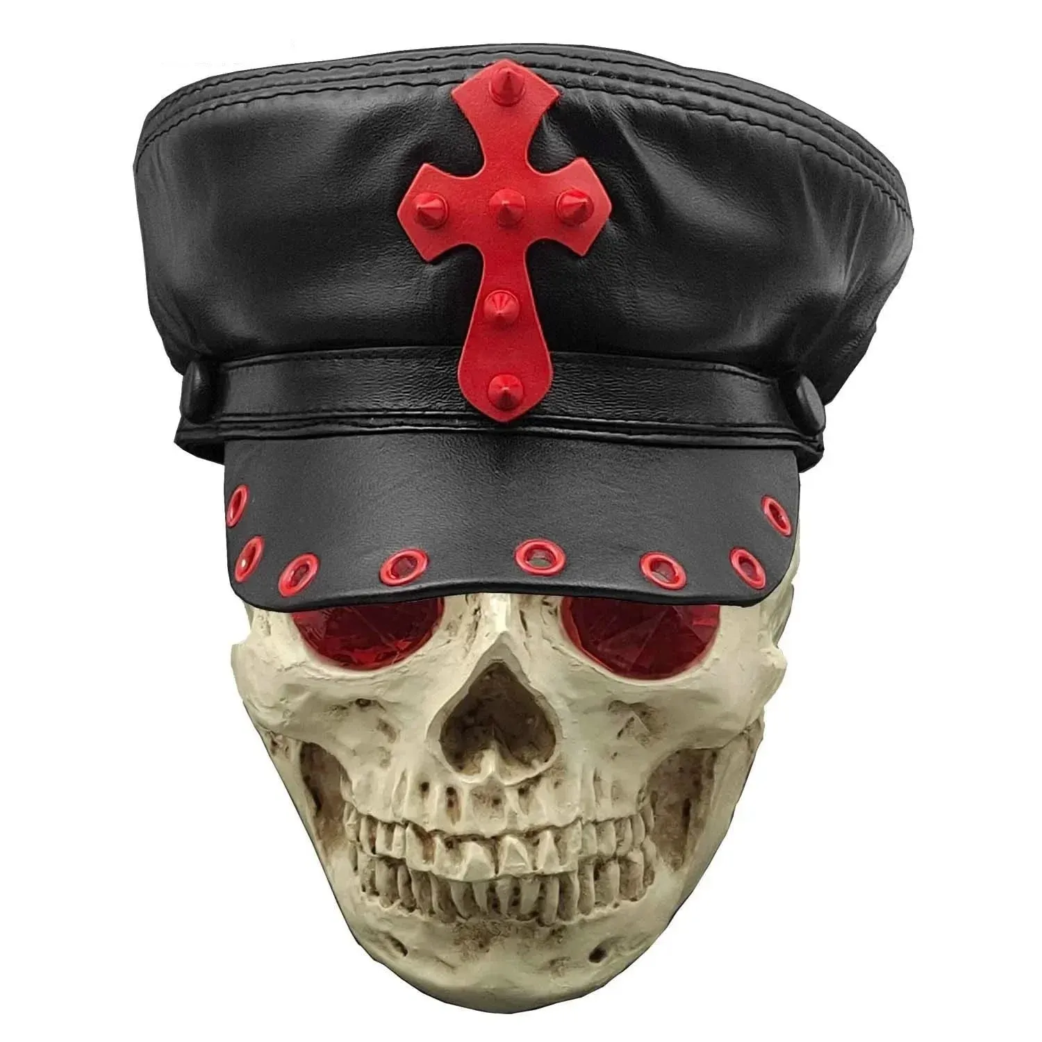 Men's Punk Rocker Style Cross Studded Genuine Leather Military Cap