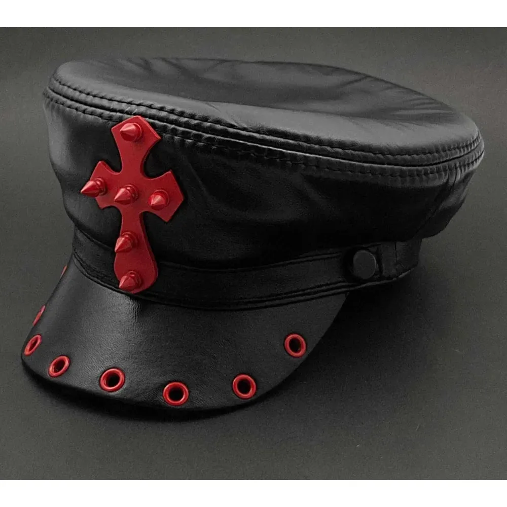 Men's Punk Rocker Style Cross Studded Genuine Leather Military Cap