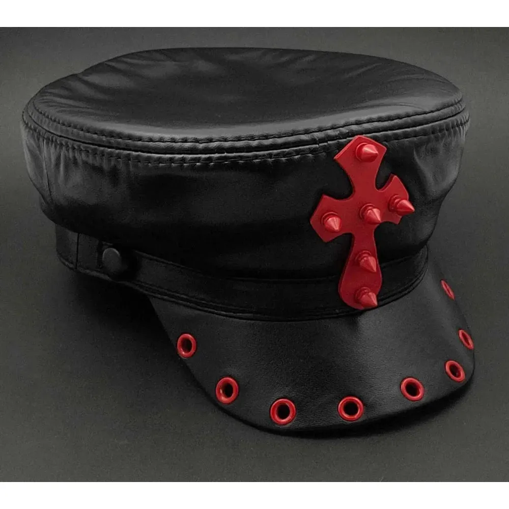 Men's Punk Rocker Style Cross Studded Genuine Leather Military Cap