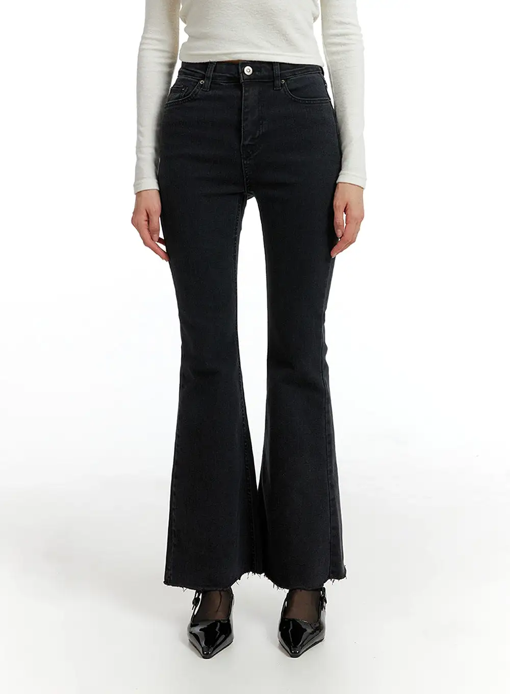 Mid Waist Button Flared Jeans IF402