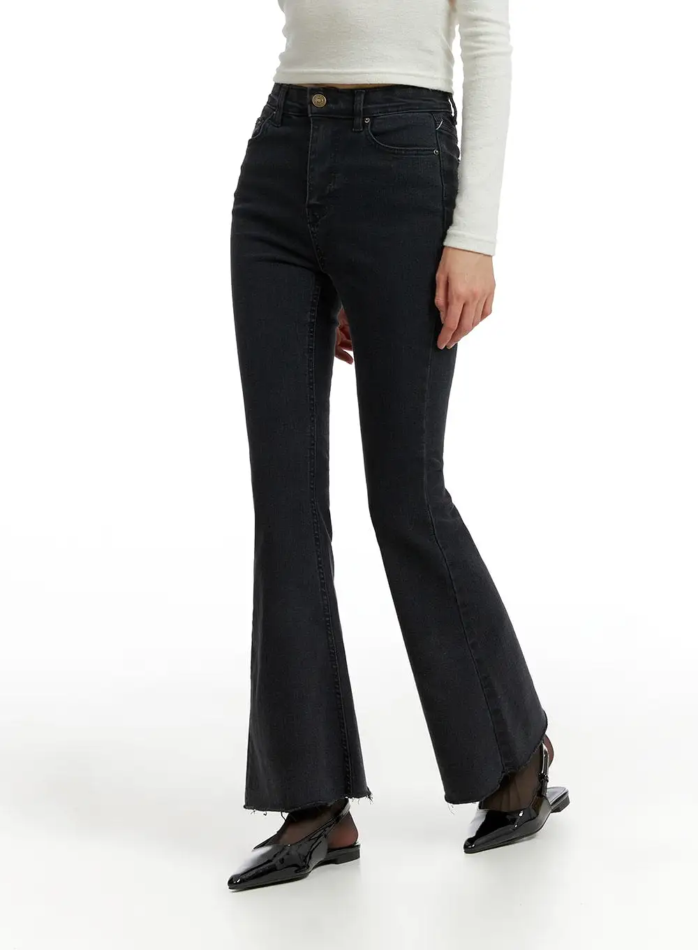 Mid Waist Button Flared Jeans IF402