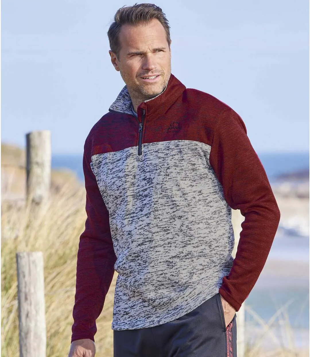 Pack of 2 Men's Brushed Fleece Jumpers - Half Zip - Grey Burgundy