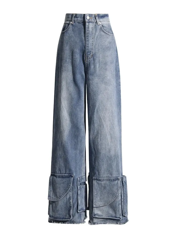 Patchwork Pocket High Waist Spliced Button Loose Jeans