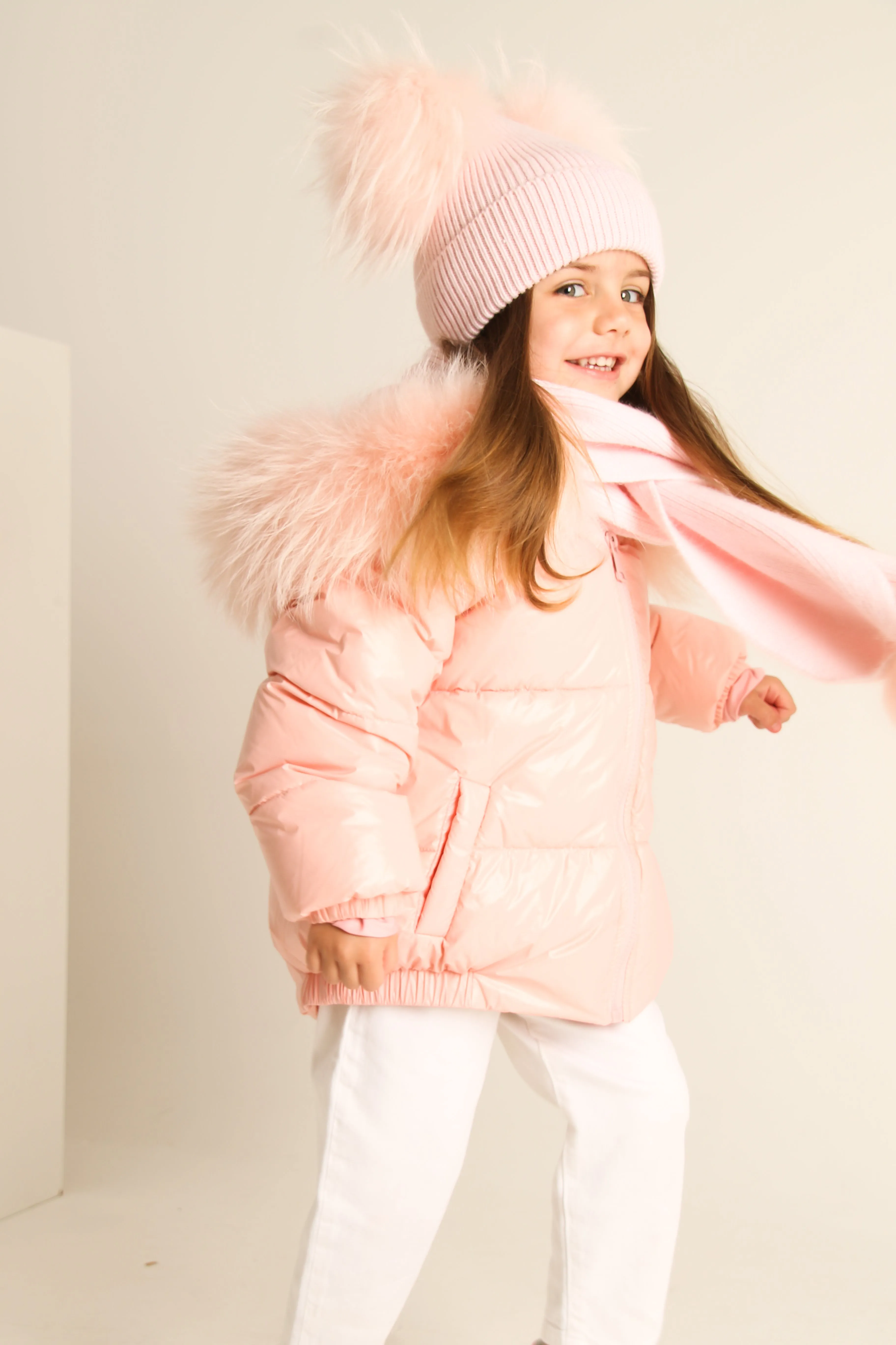 Pink Double Raccoon Fur Pom Pom Hat