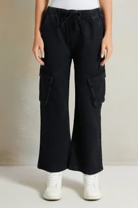 Senior  Black Wide leg Cargo Pocket Jeans