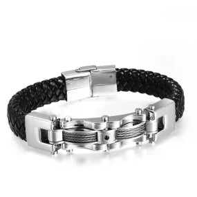 Stainless Steel Cable Wire Braided Leather Bracelet