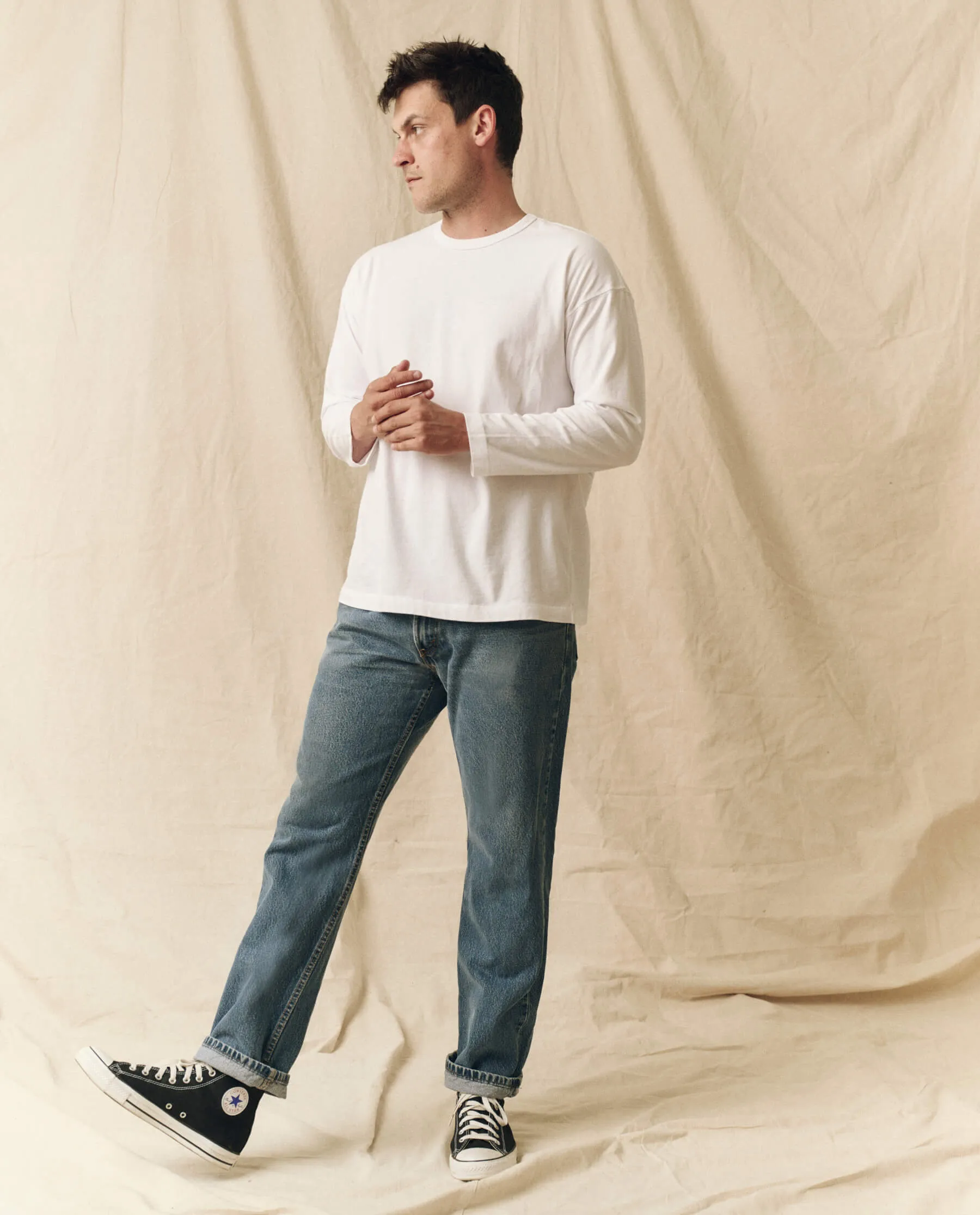 The Men's Pure Knits Long Sleeve Boxy Crew. Solid -- True White