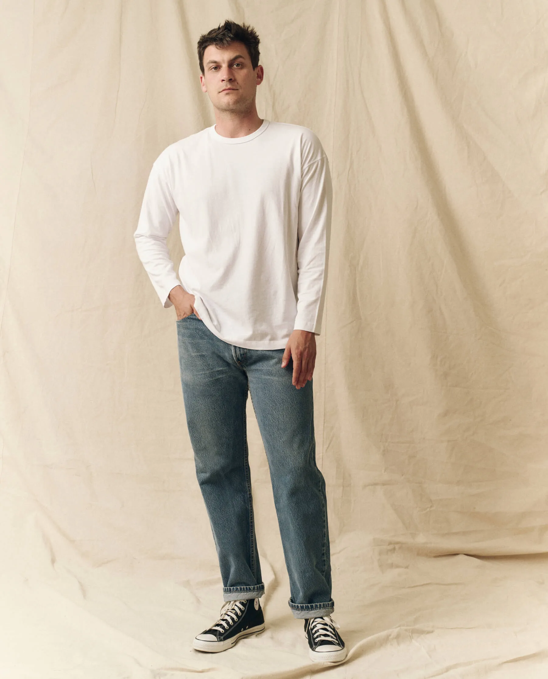 The Men's Pure Knits Long Sleeve Boxy Crew. Solid -- True White