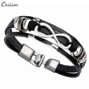 Trendy Black Genuine Leather Bracelet Women Men Punk Rock