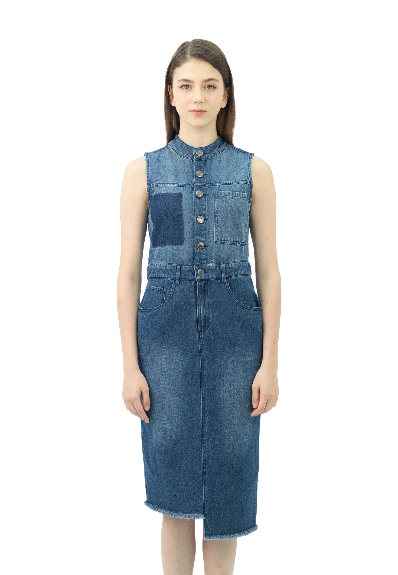 VOIR JEANS Button Front Sleeveless Denim Dress