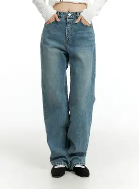 Washed Denim Straight Leg Jeans OF414