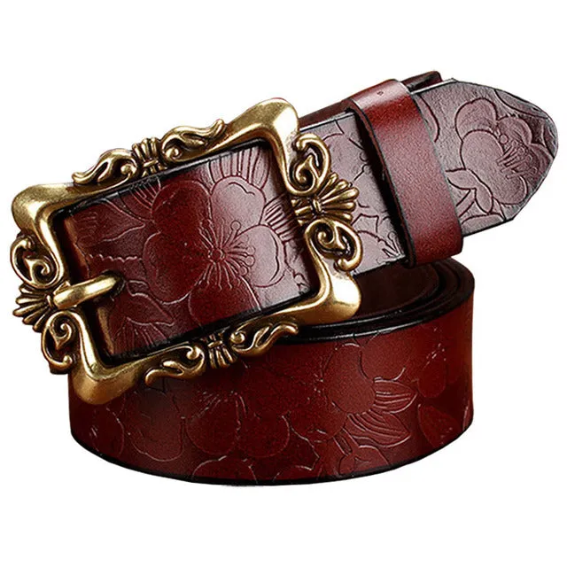 Wide Genuine Leather Belts For Women Vintage Floral Pin Buckle Belt