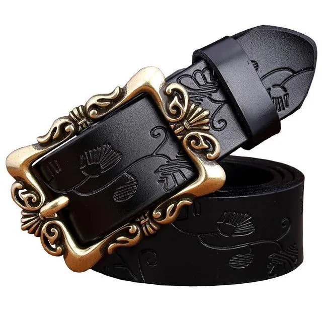 Wide Genuine Leather Belts For Women Vintage Floral Pin Buckle Belt