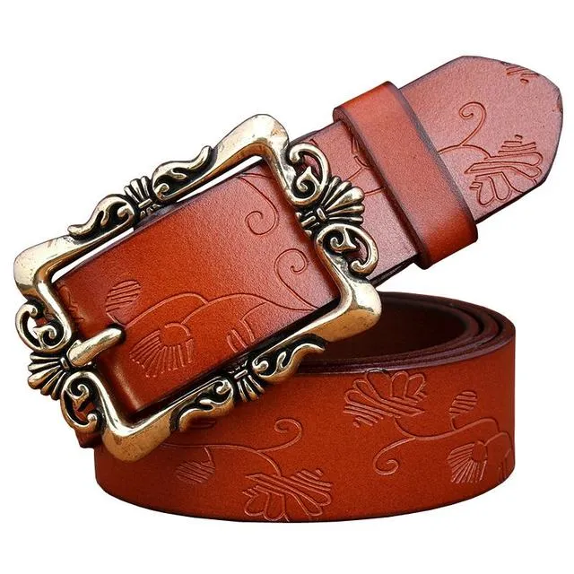 Wide Genuine Leather Belts For Women Vintage Floral Pin Buckle Belt