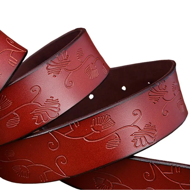 Wide Genuine Leather Belts For Women Vintage Floral Pin Buckle Belt