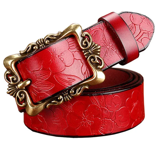 Wide Genuine Leather Belts For Women Vintage Floral Pin Buckle Belt