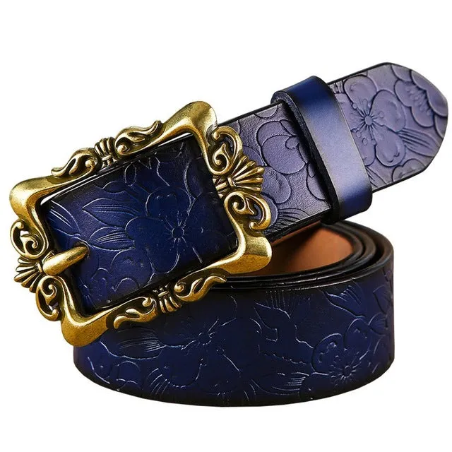 Wide Genuine Leather Belts For Women Vintage Floral Pin Buckle Belt