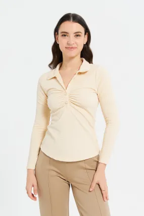 Women Beige Front Ruched Jacquard Jersey Top