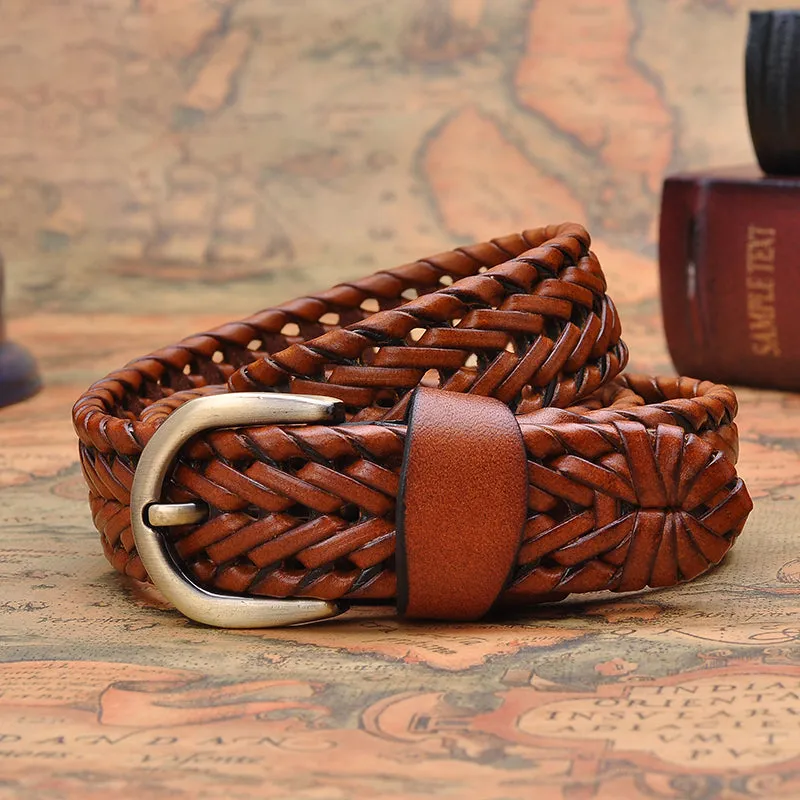 Women Braided Genuine Leather Belts Vintage Webbing Handmade Belts