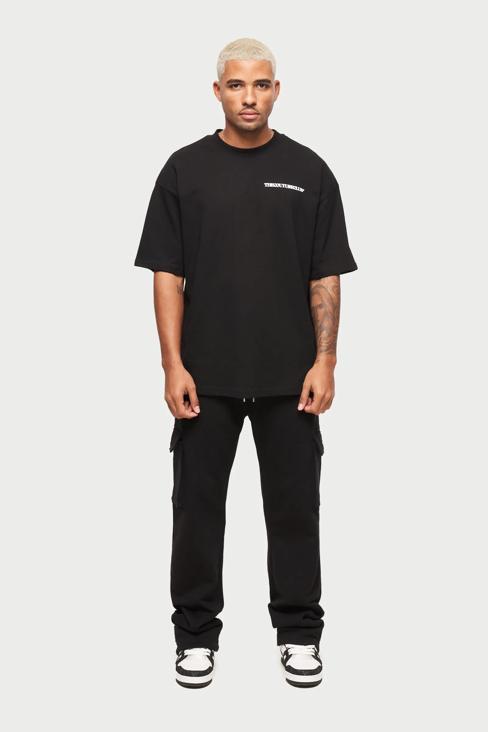 ZIP DETAIL WIDE LEG JERSEY CARGO JOGGERS - BLACK