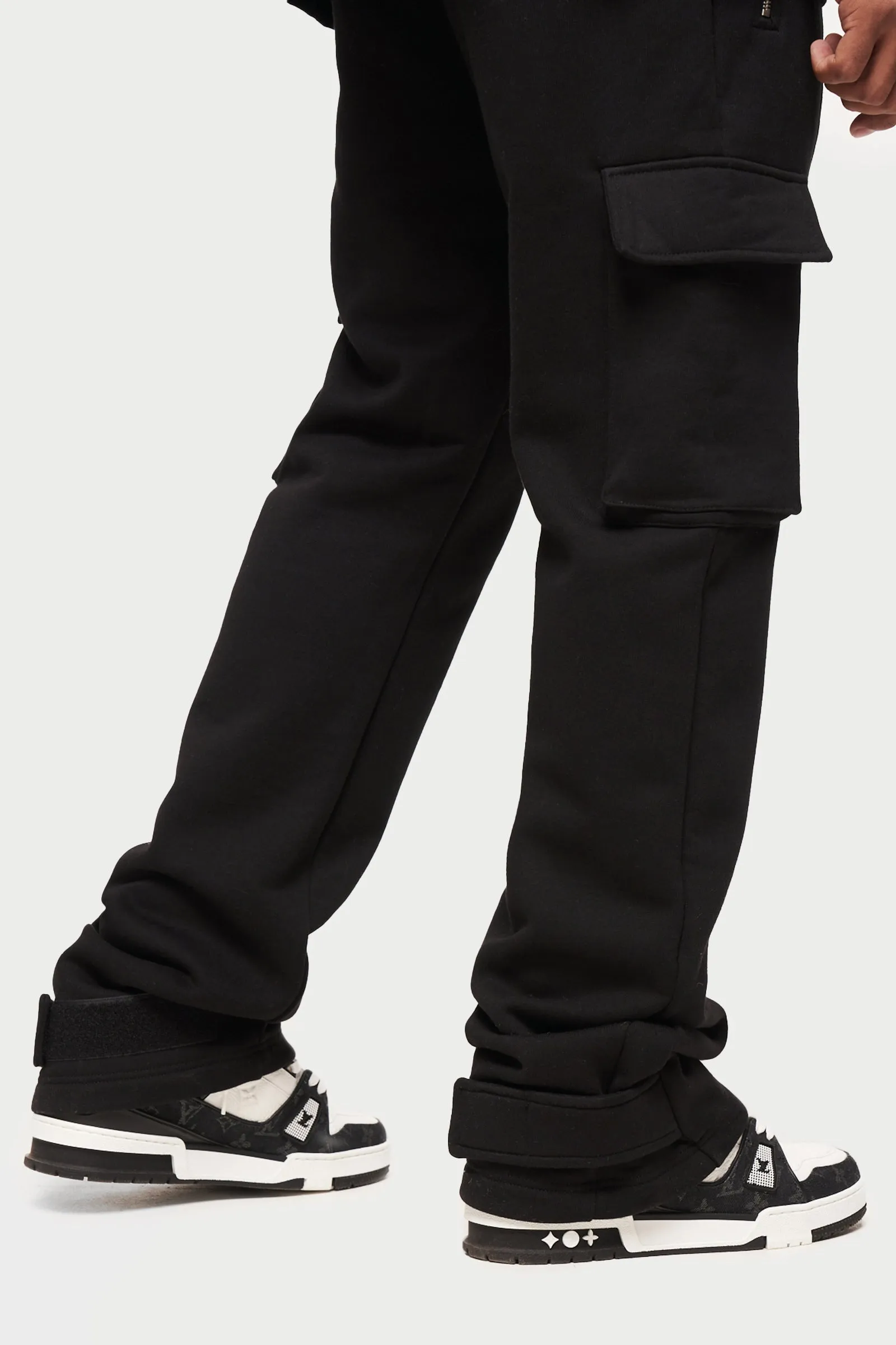 ZIP DETAIL WIDE LEG JERSEY CARGO JOGGERS - BLACK